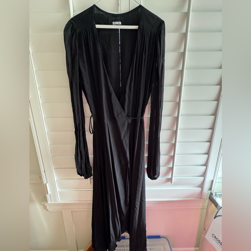 Reformation- Elegant Black Long Sleeve Wrap Dress, medium